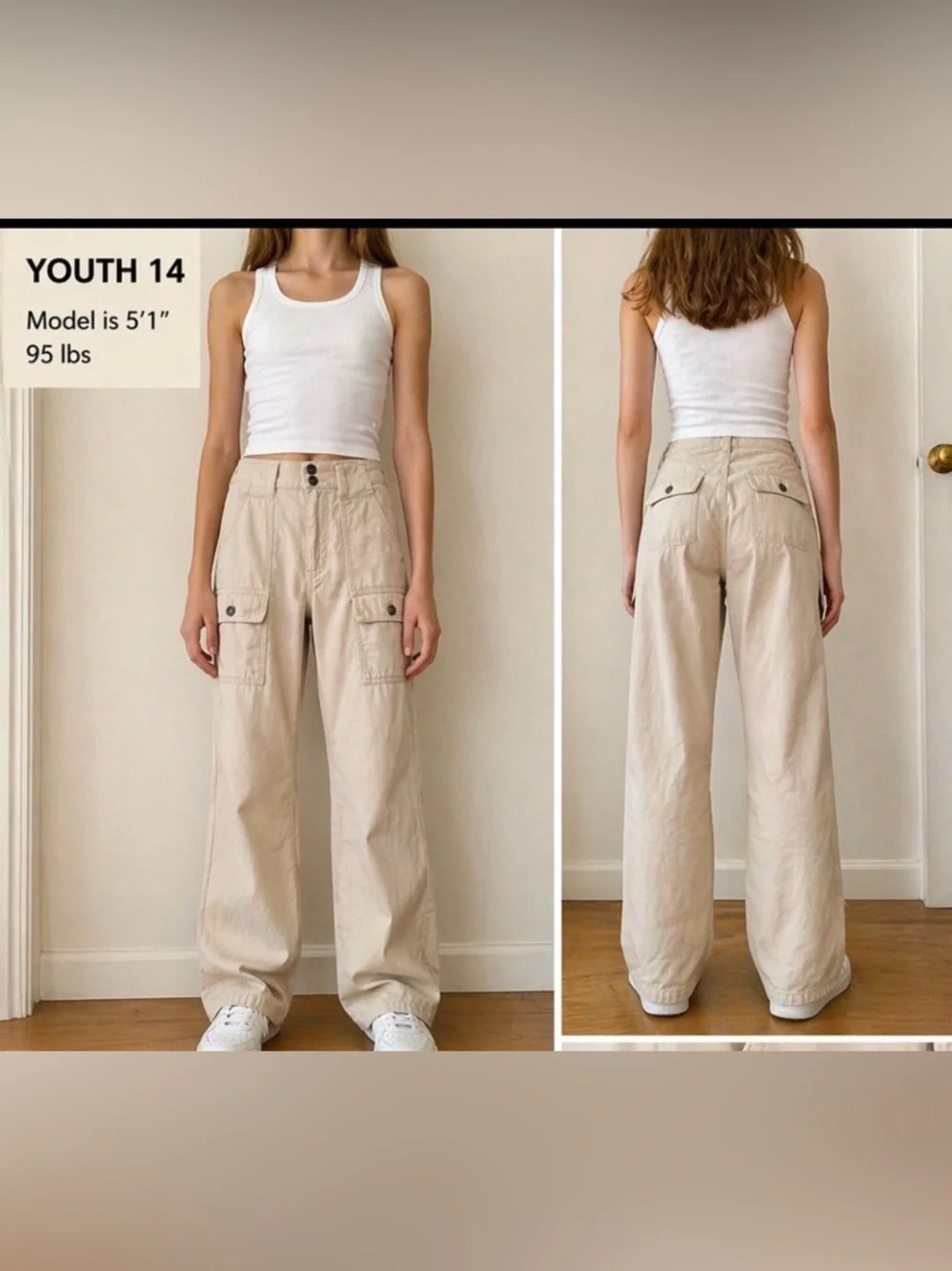 Ralph Lauren Cargo Pants Youth 14 Beige Wide Leg Utility 100% Cotton Kids Unisex